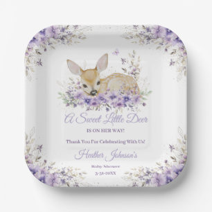 Cute Lavender Purple Floral Deer Baby Shower Paper Plates