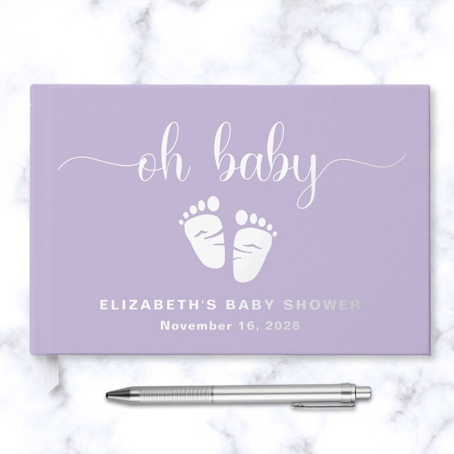 Cute Lavender Purple Silver Foil Baby Girl Shower Foil Guest Book (Creator Uploaded)