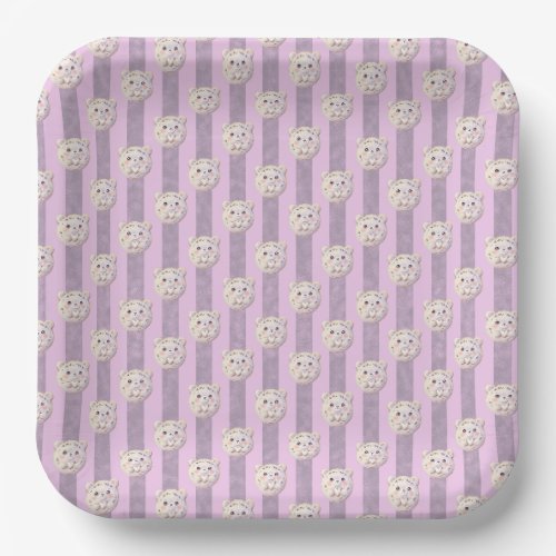 Cute Lavender Purple Teddy Bear and Stripe Paper Plates