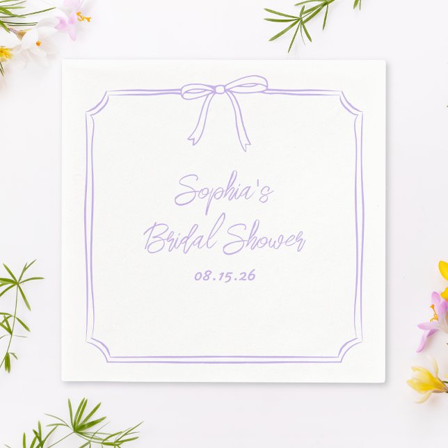 Cute Lavender Simple Girly Bow Bridal Shower Napkins (Add a soft, elegant touch to your bridal shower with these customizable lavender napkins.)