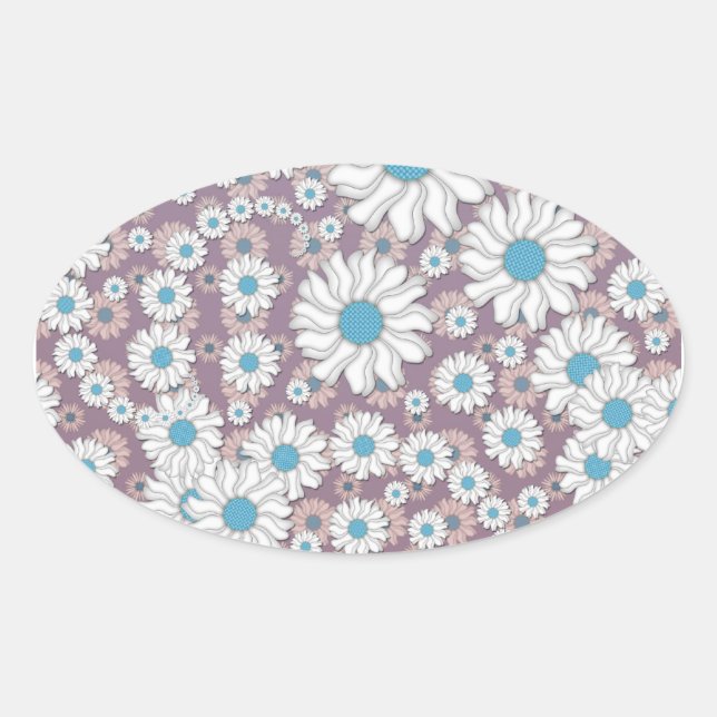Cute Lavender White Blue Fantasy Daisies Oval Sticker (Front)