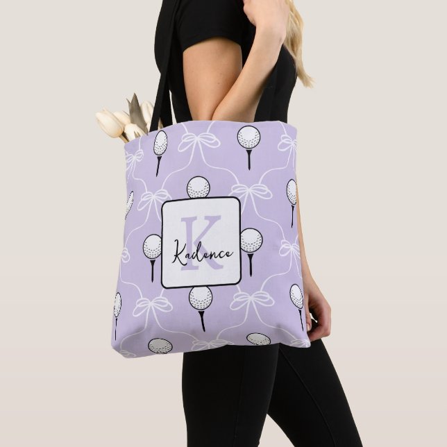 Cute Lavender White Bow Golf Pattern Monogram  Tote Bag (Close Up)