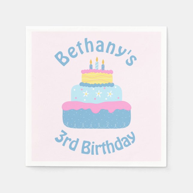 Cute Layered 3 Candles Kids Birthday Cake Custom Napkins (Front)