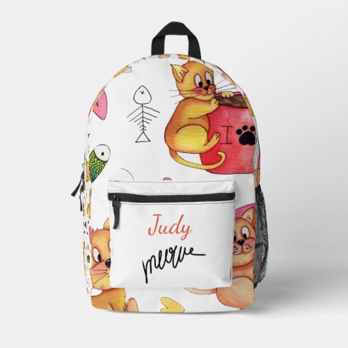CUTE LAZY CATS ILLUSTRATION PATTERN CUSTOM NAME  PRINTED BACKPACK