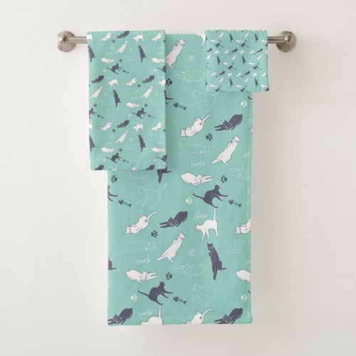 Cute Lazy Cats Mint Pattern  Bath Towel Set