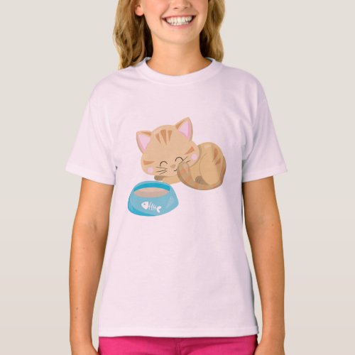 cute lazy little cat food bowl cat lover T_Shirt