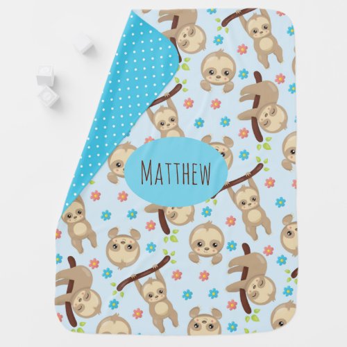 Cute Lazy Sloth Blue Pink Flowers Leaves Polka Dot Baby Blanket