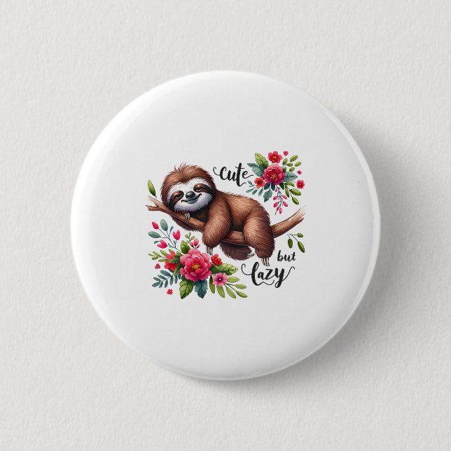 Cute Lazy Sloth Flowers Button (Front)