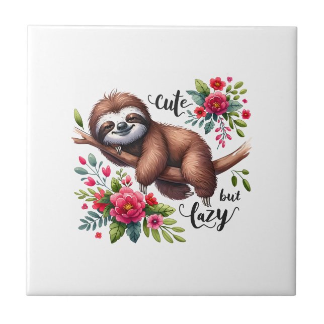 Cute Lazy Sloth Flowers Ceramic Tile (Front)