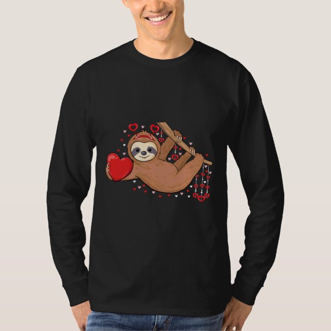 Cute Lazy Sloth Holding Heart Love Sloth Valentine T-Shirt (Front)