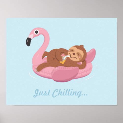 Cute Lazy Sloth on Pink Flamingo Float Print