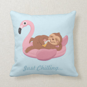 Cute Lazy Sloth Pink Flamingo Float Summer Pillow