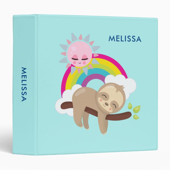Cute Lazy Sloth with Sun & Rainbow 3 Ring Binder (Front/Spine)