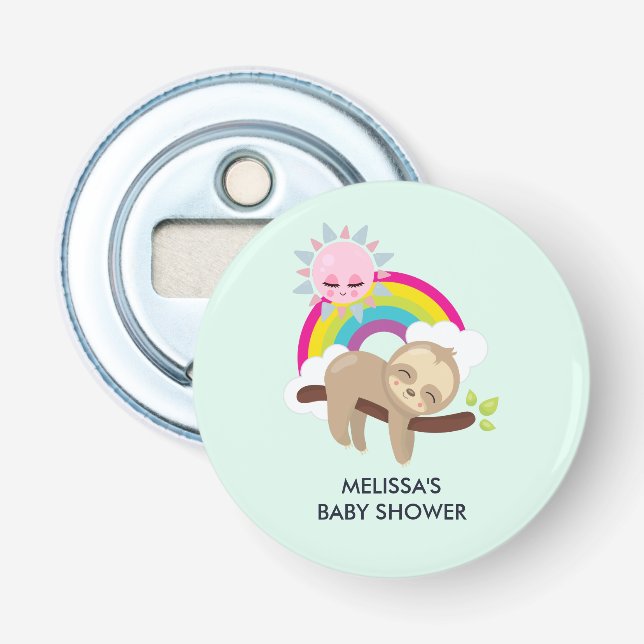 Cute Lazy Sloth with Sun & Rainbow Baby Shower Bottle Opener (Front)