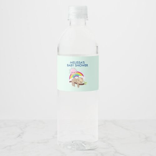 Cute Lazy Sloth with Sun  Rainbow Baby Shower Water Bottle Label