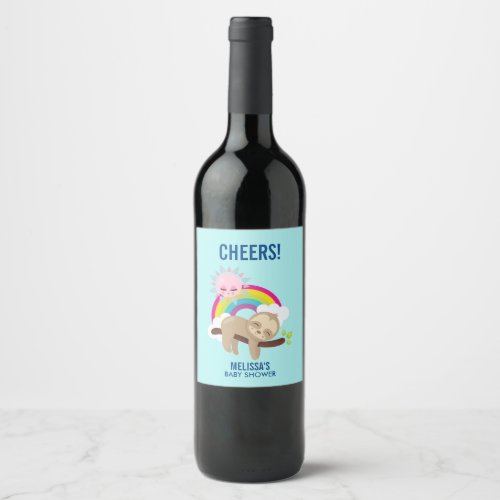Cute Lazy Sloth with Sun  Rainbow Baby Shower Wine Label