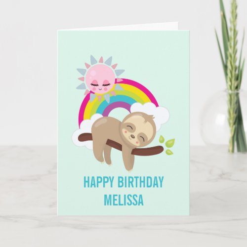 Cute Lazy Sloth with Sun  Rainbow Birthday Card