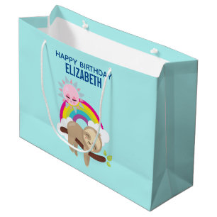 Cute Lazy Sloth with Sun & Rainbow Birthday Large Gift Bag