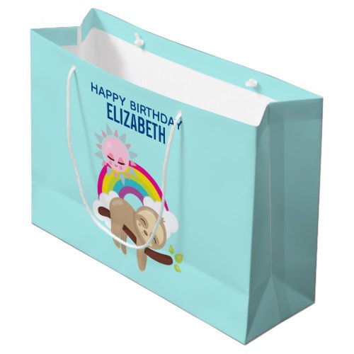 Cute Lazy Sloth with Sun  Rainbow Birthday Large Gift Bag