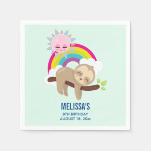 Cute Lazy Sloth with Sun & Rainbow Birthday Napkins