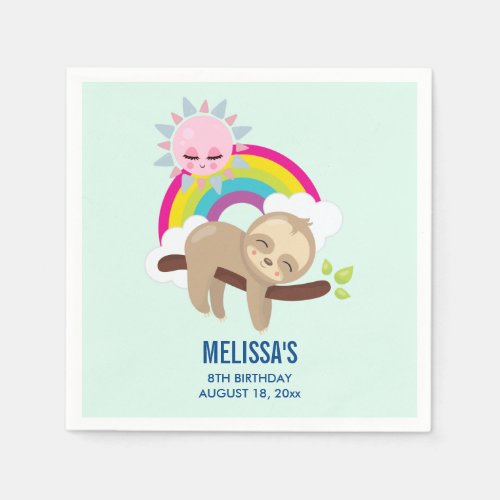 Cute Lazy Sloth with Sun  Rainbow Birthday Napkins