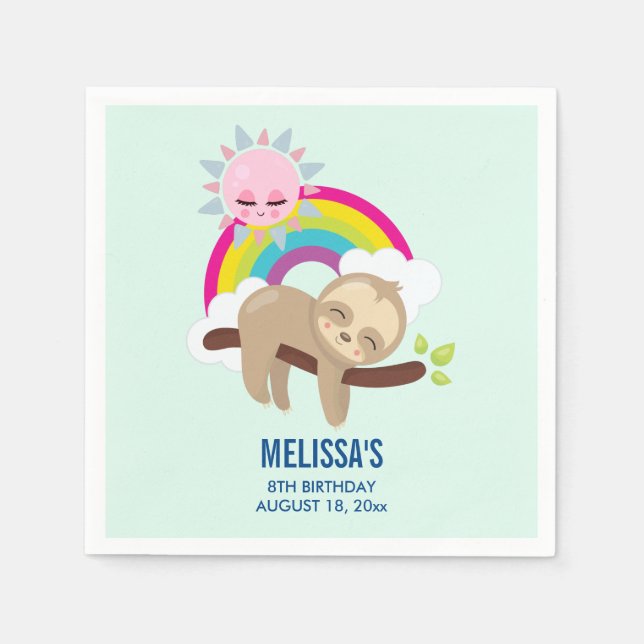Cute Lazy Sloth with Sun & Rainbow Birthday Napkins (Front)