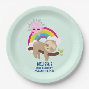 Cute Lazy Sloth with Sun & Rainbow Birthday Paper Plates