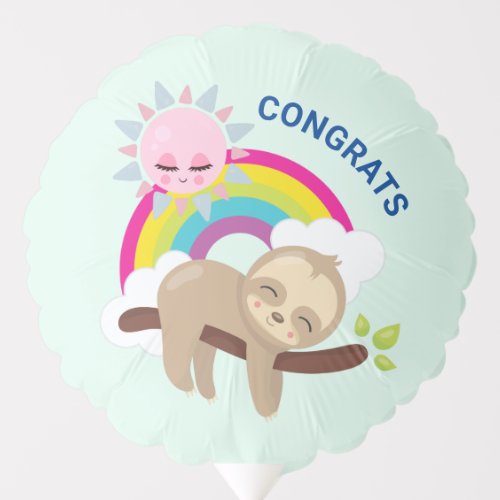 Cute Lazy Sloth with Sun  Rainbow Congrats Balloon