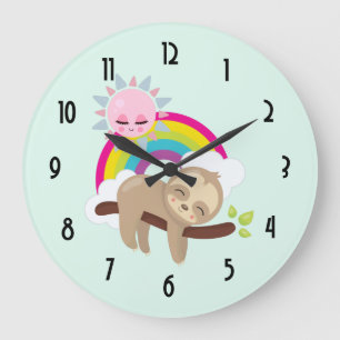 Cute Lazy Sloth with Sun & Rainbow Large Clock