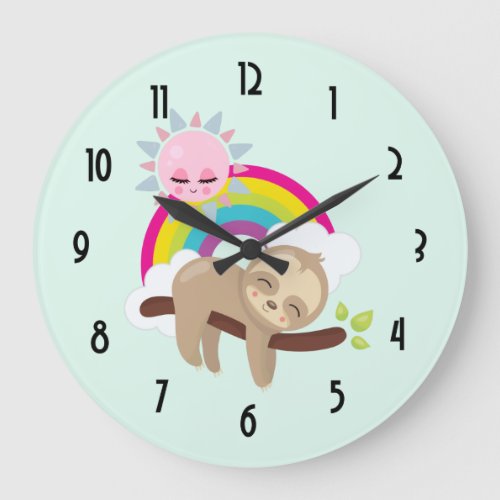 Cute Lazy Sloth with Sun  Rainbow Large Clock