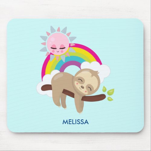 Cute Lazy Sloth with Sun  Rainbow Mouse Pad