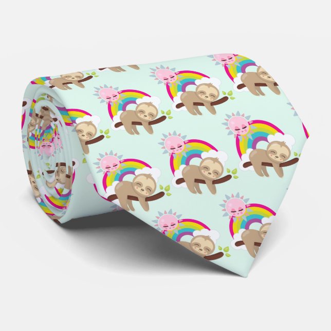 Cute Lazy Sloth with Sun & Rainbow Pattern Neck Tie (Rolled)