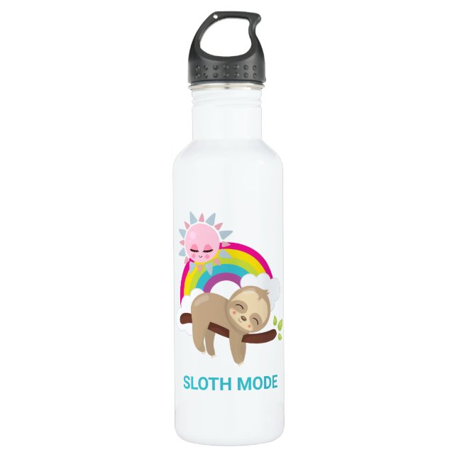 Cute Lazy Sloth with Sun & Rainbow Stainless Steel Water Bottle (Front)