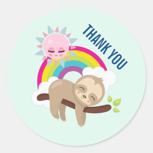 Cute Lazy Sloth with Sun  Rainbow Thank You Classic Round Sticker