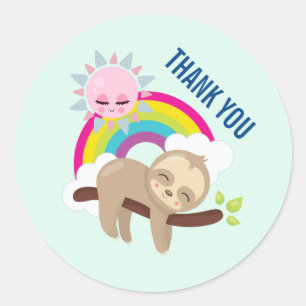 Cute Lazy Sloth with Sun & Rainbow Thank You Classic Round Sticker