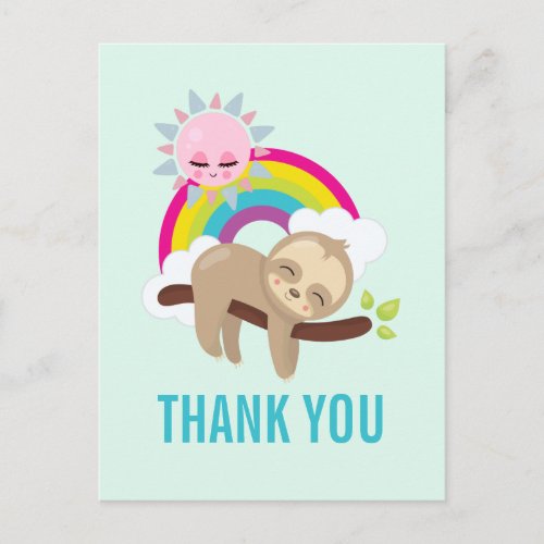 Cute Lazy Sloth with Sun  Rainbow Thank You Postcard