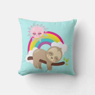 Cute Lazy Sloth with Sun & Rainbow Throw Pillow