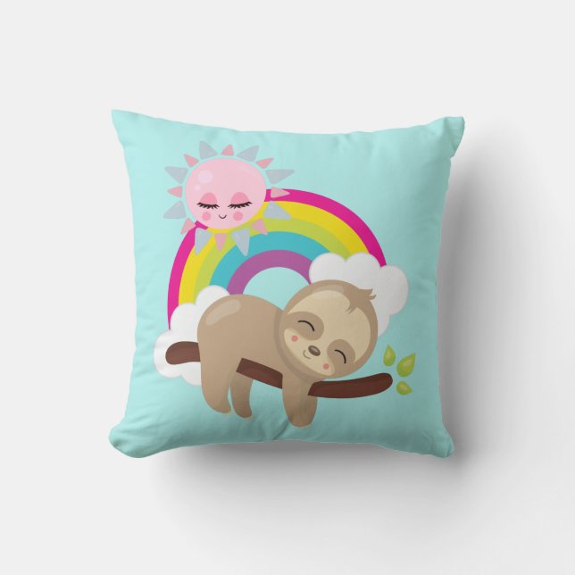 Cute Lazy Sloth with Sun & Rainbow Throw Pillow (Front)