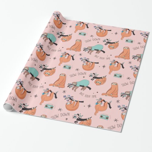 Cute Lazy Sloths Pink Gift Paper