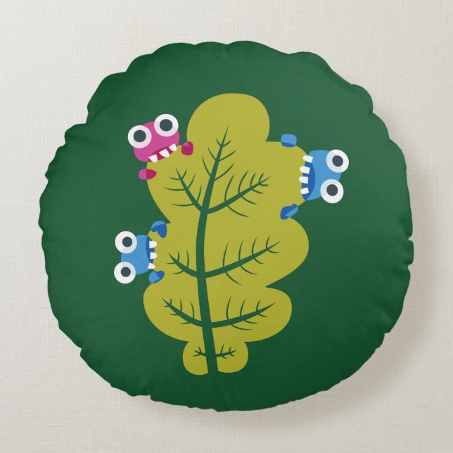 Cute Leaf Eaten By Cartoon Bugs Kids Round Pillow (Front)