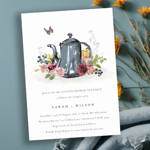 Cute Leaf Rose Floral Teapot Couples Shower Invite