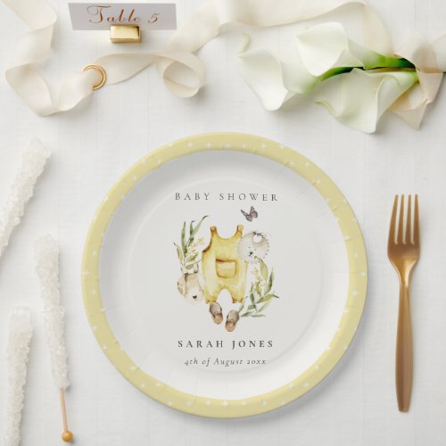 Cute Leafy Foliage Yellow Clothes Baby Shower Paper Plates