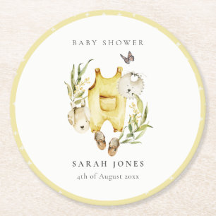 Cute Leafy Foliage Yellow Clothes Baby Shower Round Paper Coaster