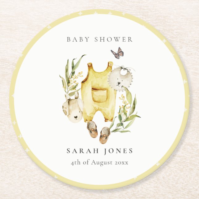 Cute Leafy Foliage Yellow Clothes Baby Shower Round Paper Coaster (Front)