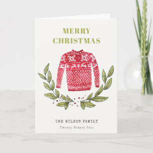 Cute Leafy Red Green Ugly Sweater Christmas Winter Holiday Card