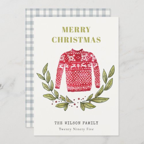 Cute Leafy Red Green Ugly Sweater Christmas Winter Holiday Card