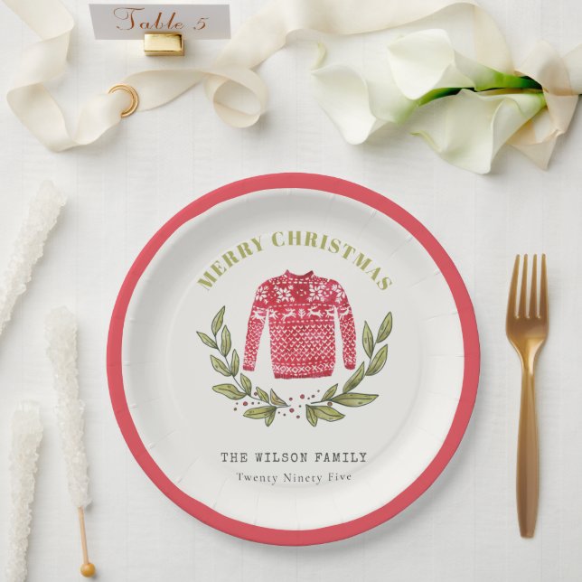 Cute Leafy Red Green Ugly Sweater Christmas Winter Paper Plates (Wedding)