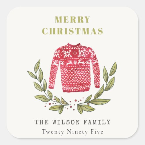 Cute Leafy Red Green Ugly Sweater Christmas Winter Square Sticker