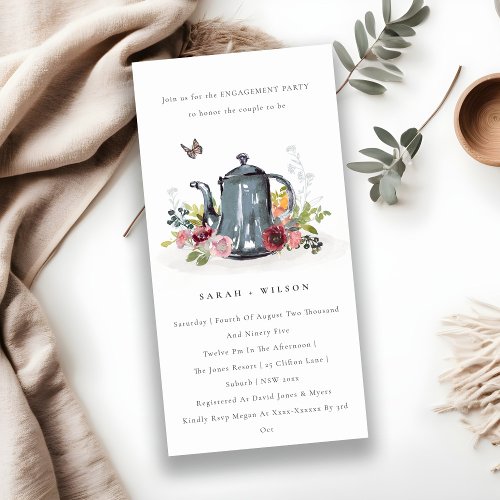 Cute Leafy Rose Floral Teapot Engagement Invite