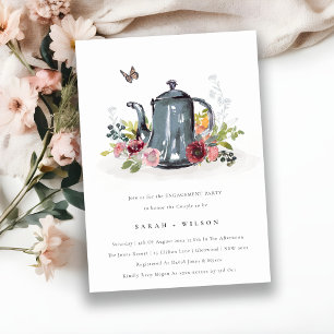 Cute Leafy Rose Floral Teapot Engagement Invite